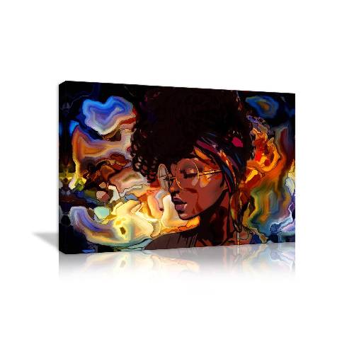 Abstract Wall Art African American Women Painting Canvas Abstract Graffiti Style Picture Wall Decor for Living Room Hippie Bedroom Bathroom Stretched and Framed Ready to Hang